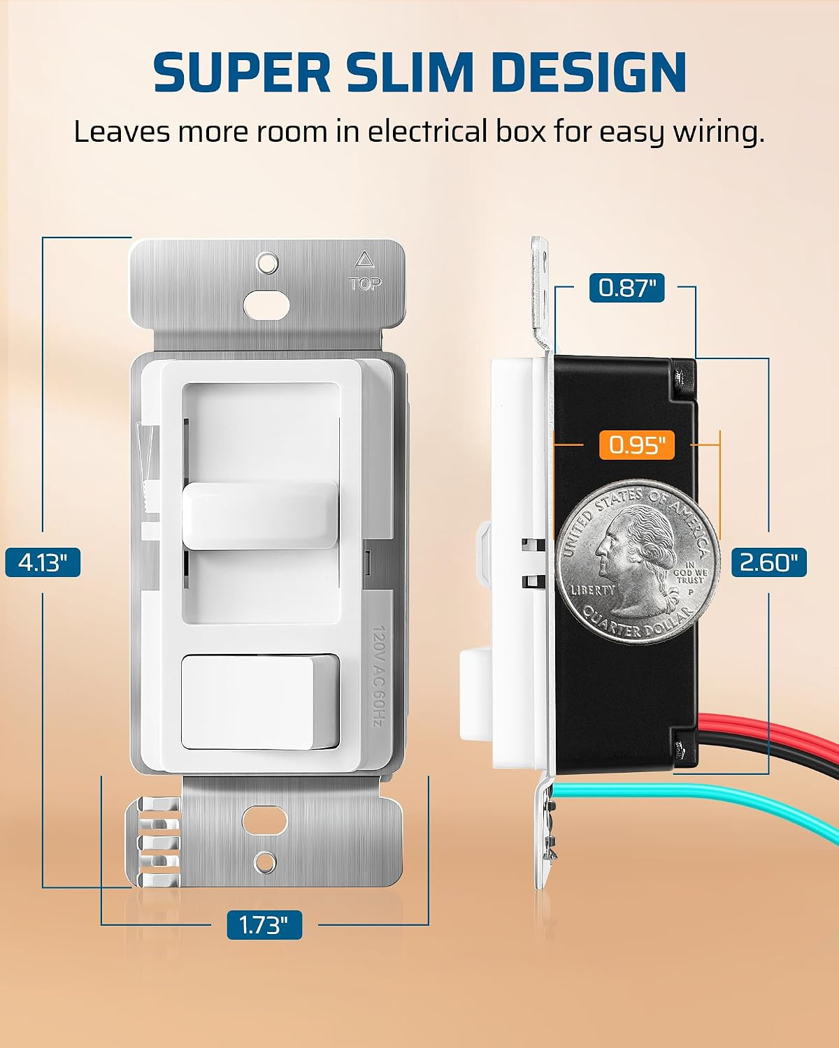 LED Dimmer Switch Single Pole 3 Way No Neutral Wire Slider Wall Plate ETL