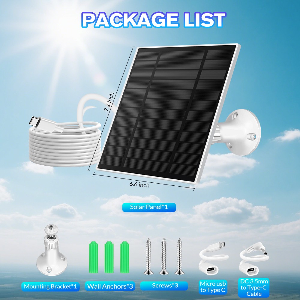 Solar Panel IP65 Weatherproof for 5W 5V Output​ Outdoor Security Camera White