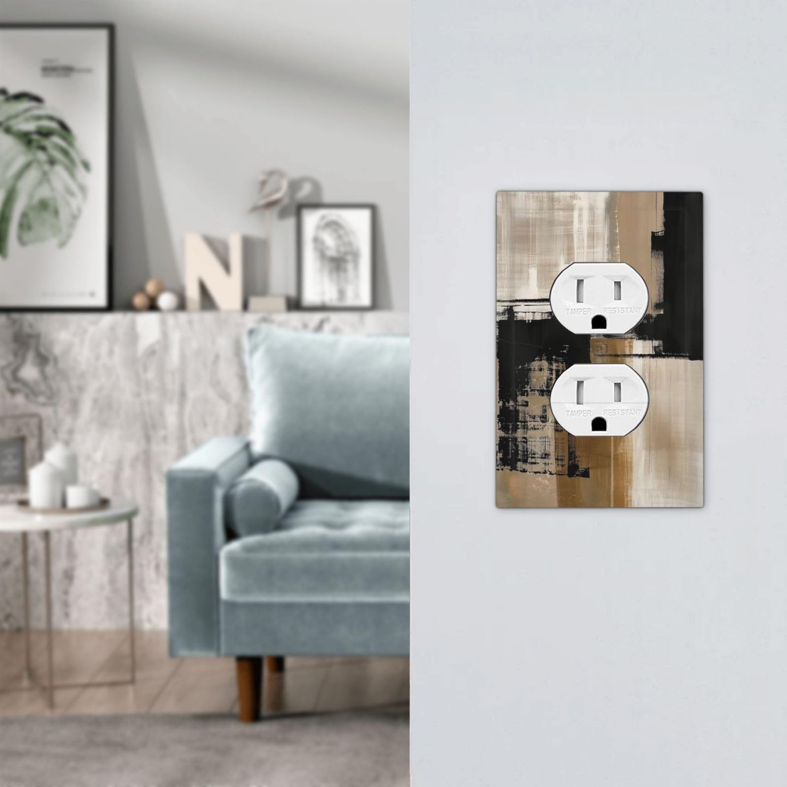 1-Gang Duplex Outlet / 5 x 3 IN, Abstract Minimalist Modern Black Tan Neutral