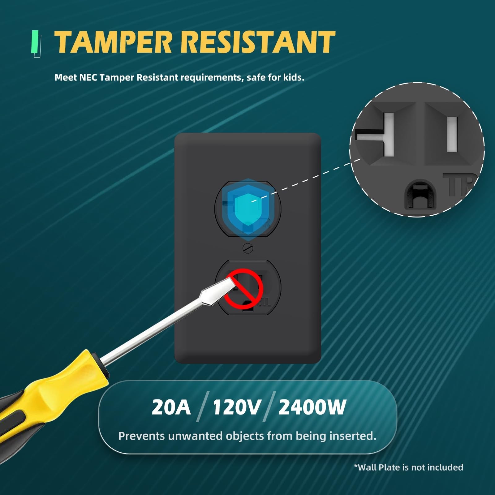 Tamper-Resistant Black Duplex Outlet, 20A 125V AC Power Socket, 10 Pack, UL List