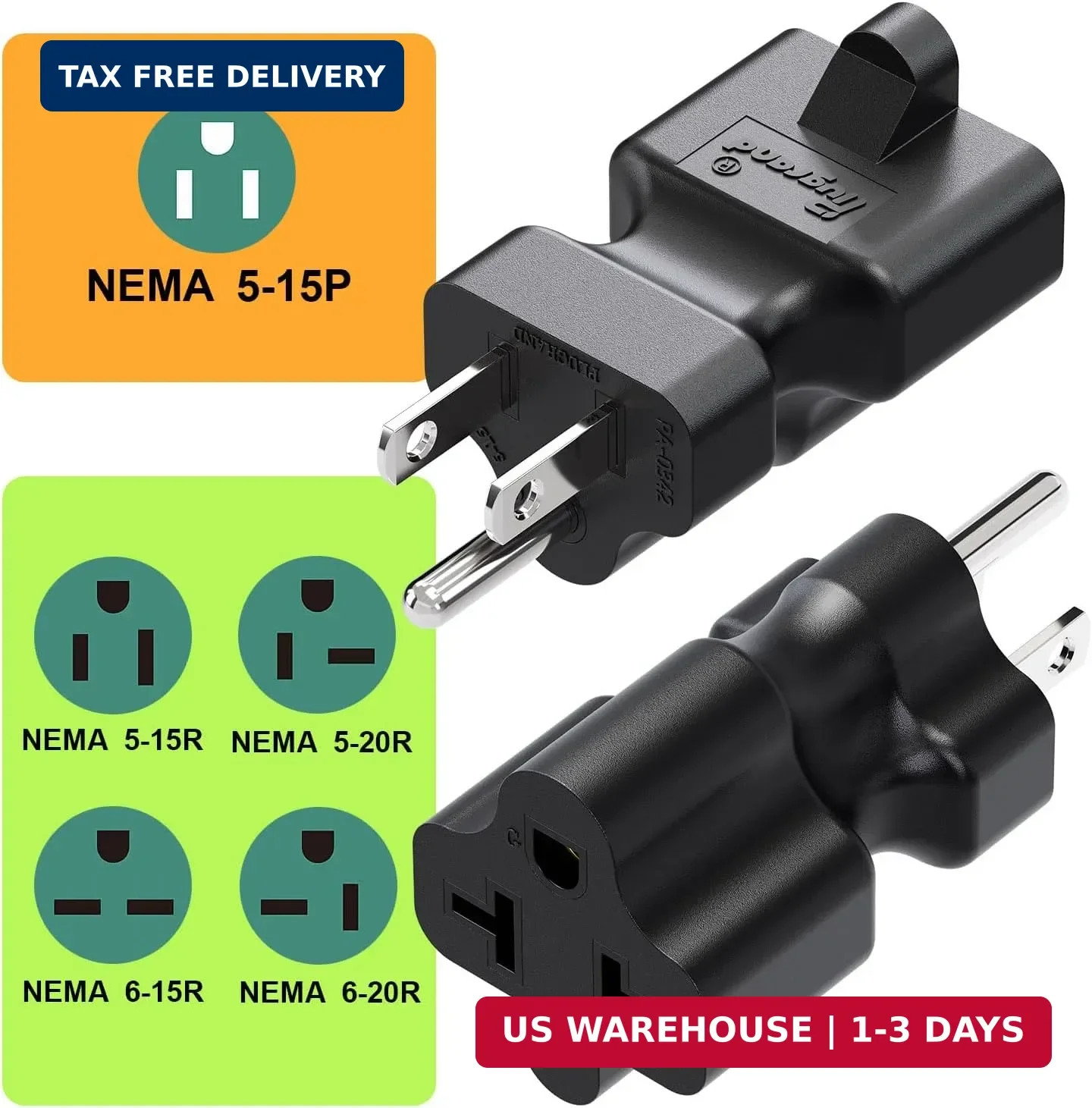[4-in-1] 15 Amp Household AC Plug to 20 Amp T Blade Adapter, 5-15P to 5-15R/ 5-2