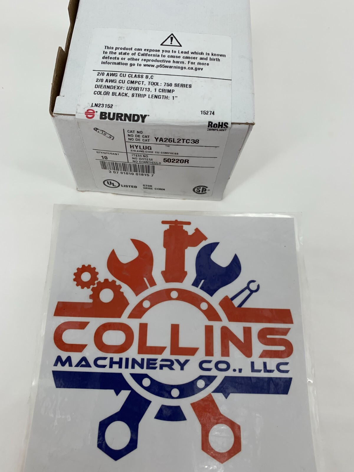 Burndy YA26L2TC38 50220R Copper Compression Lug 2/0 AWG 2-Hole 3/8″ Box/10