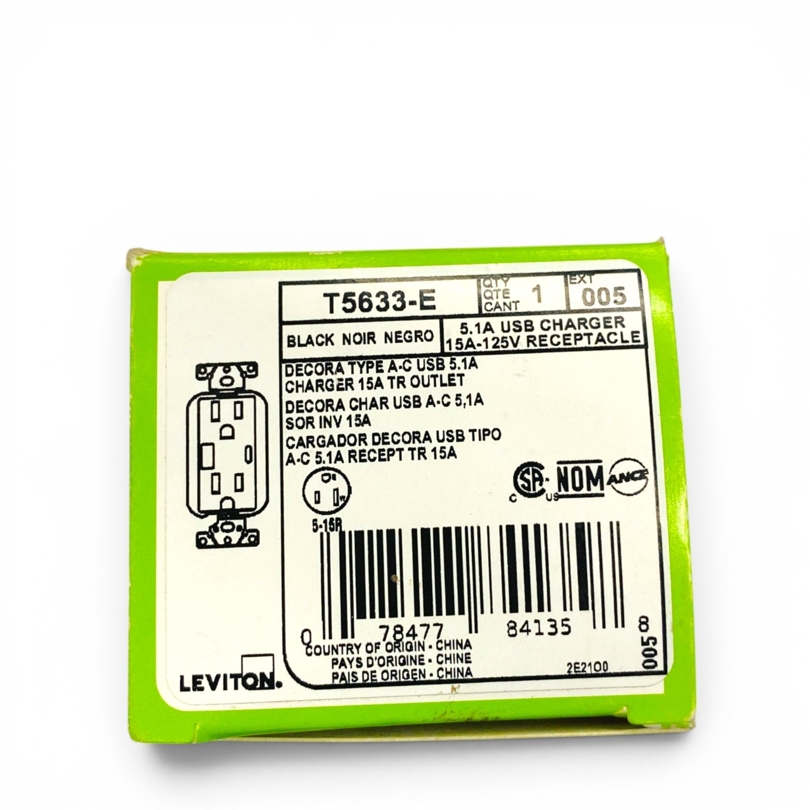 Leviton T5633-E Decora Type A & Type C USB Charger Tamper-Resistant Outlet Black