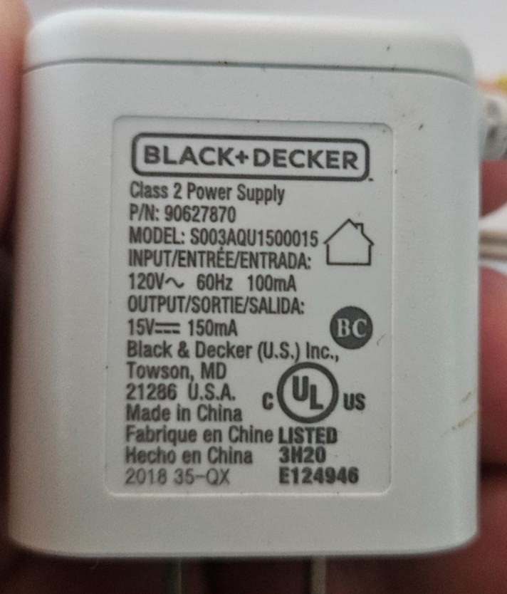 Black and Decker Class 2 Power Supply Adapter 120V 60Hz 100mA