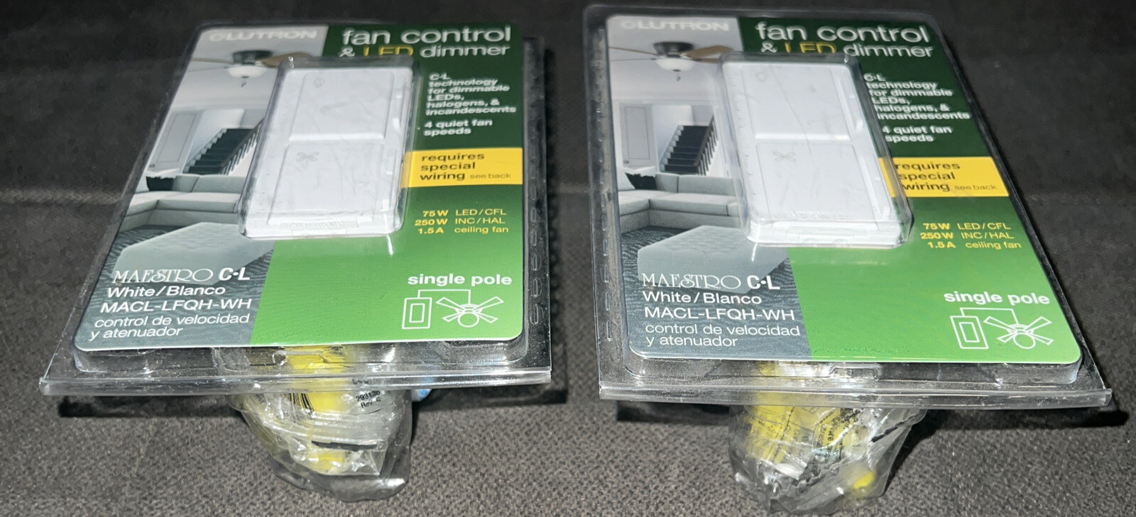 Lutron Maestro Lot Of 2 1.5Amp 4-Speed Wired Fan Control and💡Light Dimmer-White