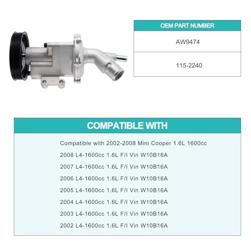 AW9474 Water Pump 1.6L Only for Mini Cooper 2002 2003 2004 2005 2006 2007