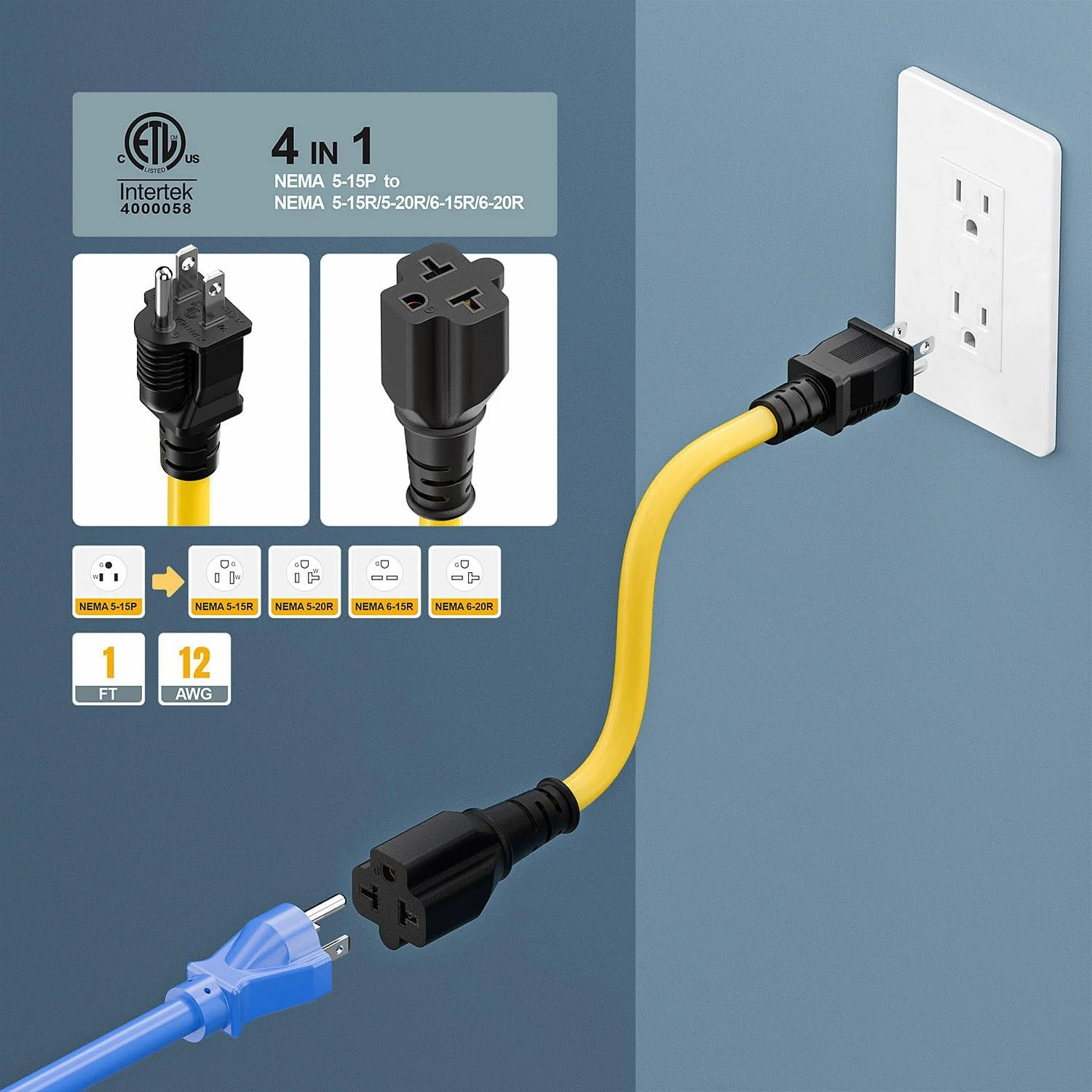 [4-in-1] 12AWG 15 Amp Household AC Plug to 20 Amp T Blade Adapter Cable, NEMA 5-