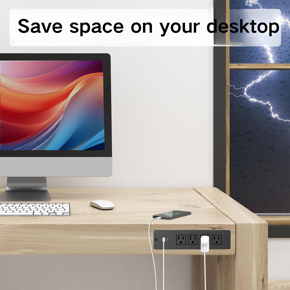 Flush Mount Power Strip with 4 AC Outlets & USB-A USB-C Ports for Indoor Desk