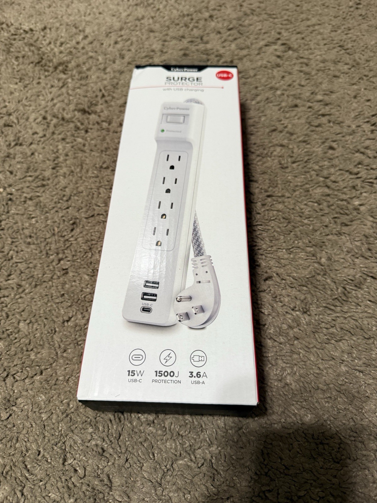 CyberPower 5 ft. 2 USB-A 1 USB-C 1500J 4-Outlet Surge Protector NEW
