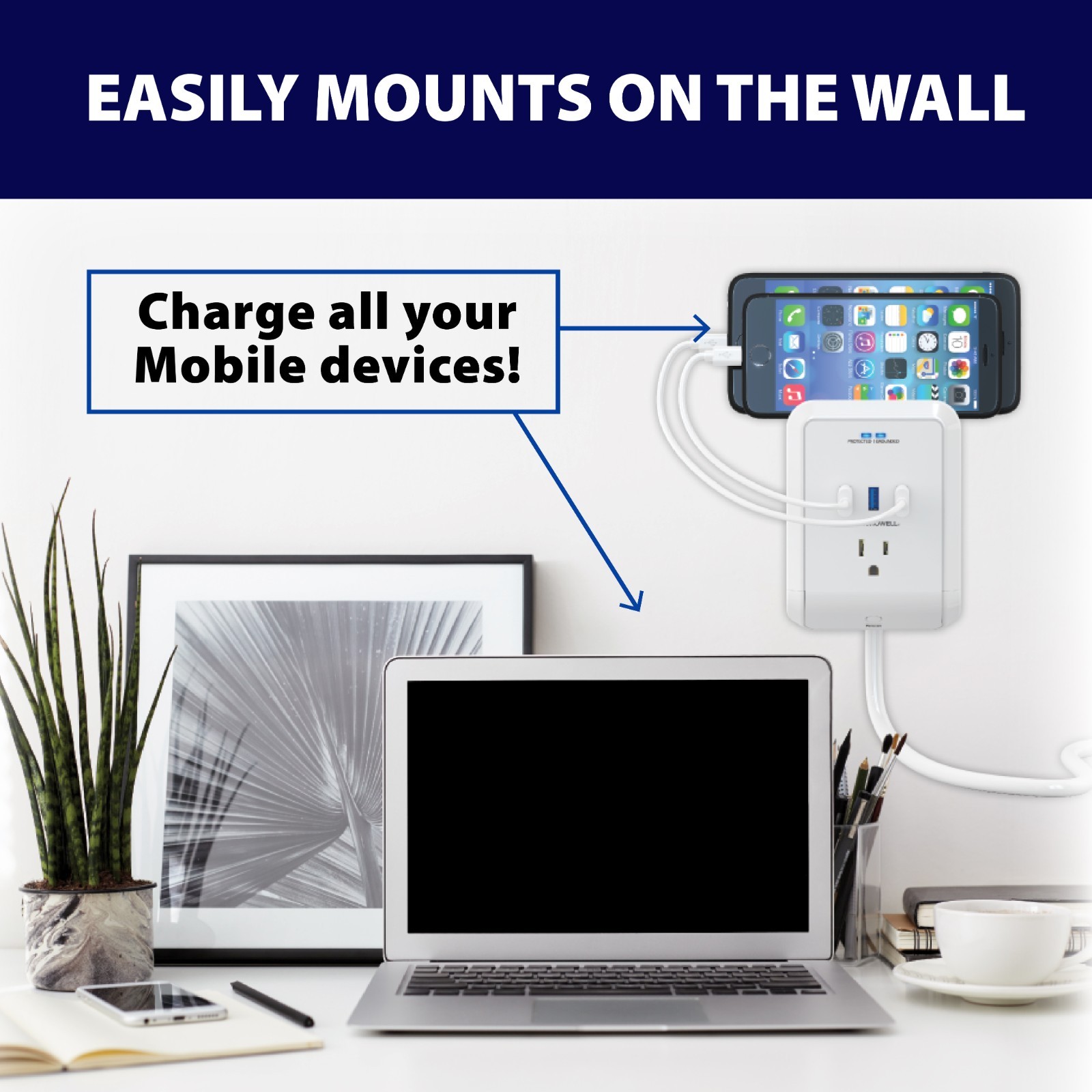 Bell + Howell Power Pro Outlet Extender–3 AC Outlets,3 USB Ports,4 ft Ext. cord