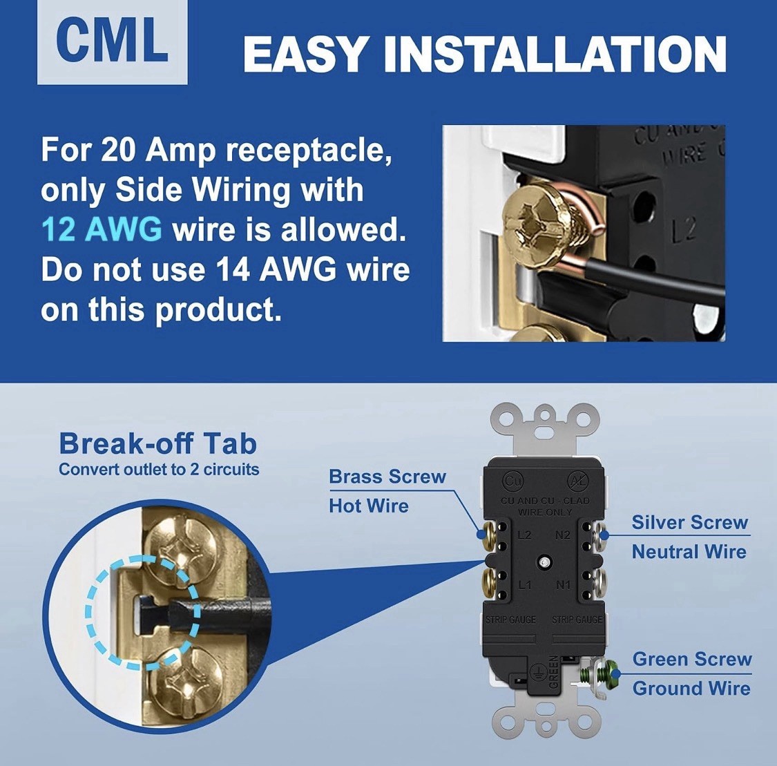 CML 20 Amp Decorator Receptacle Outlet with Tamper Resistant (TR), Standard E…