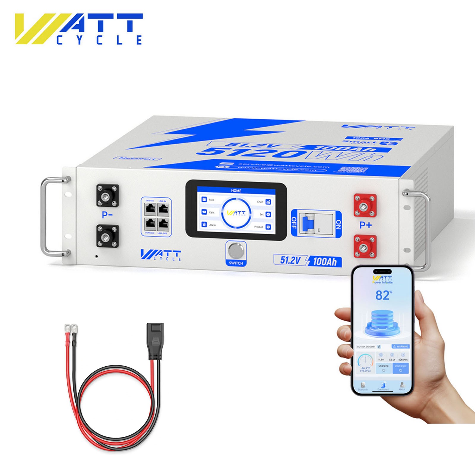 Wattcycle 5120Wh 48V 100Ah Server Rack LiFePO4 Battery + Free Wattlink EF Cable