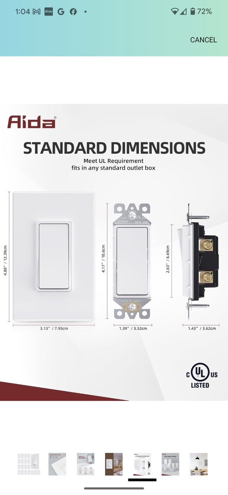 AIDA Matte White Single Pole Decors Light Switch 15Amp. 20 Pack