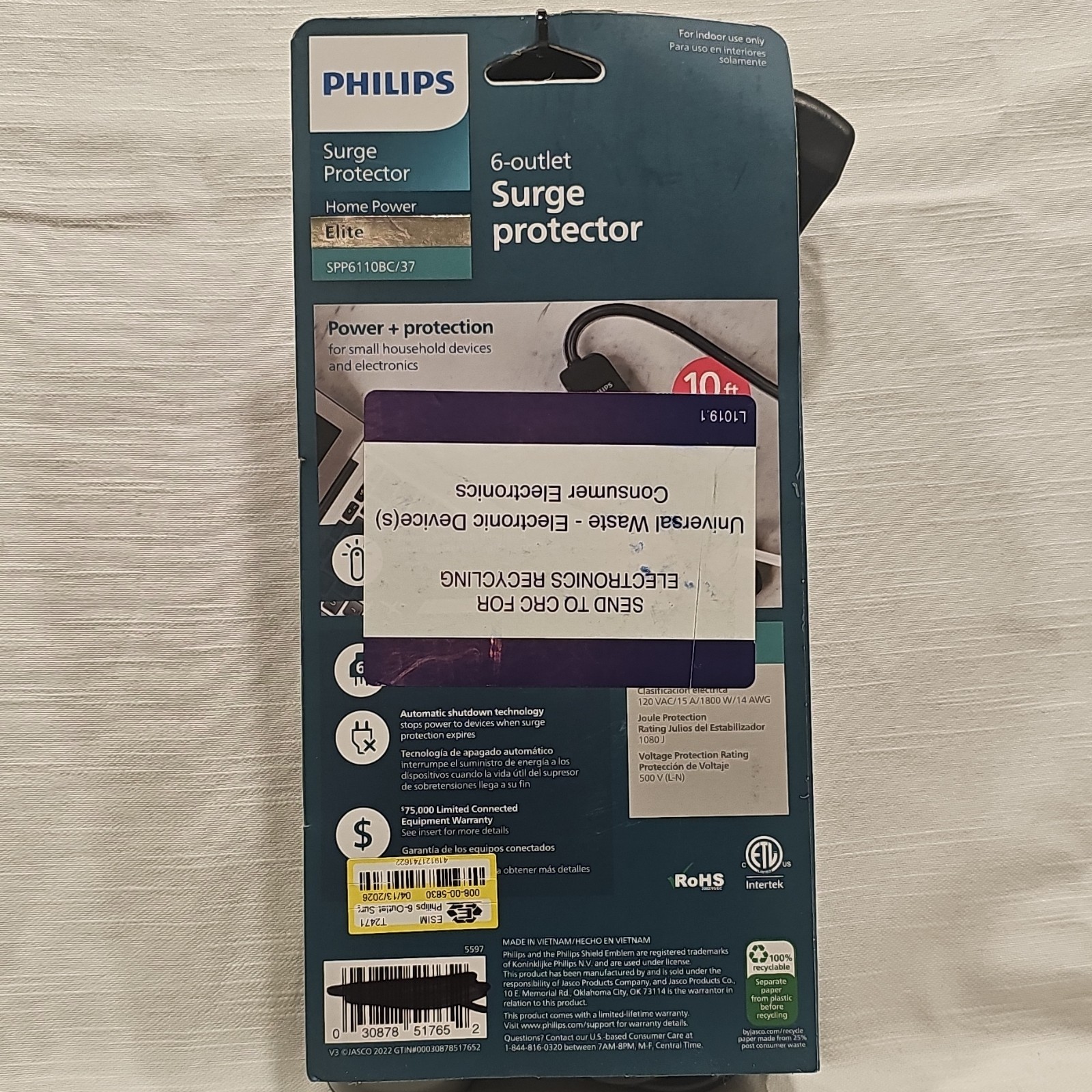 Philips 6-Outlet Surge Protector Power Strip 1080J 10ft Cord Black