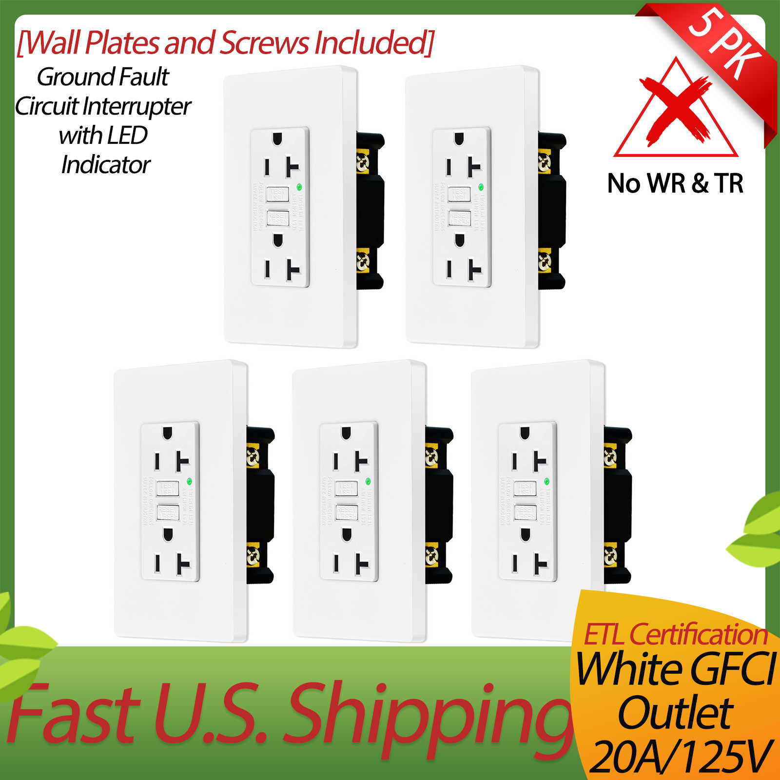 5 PK GFCI 20Amp/125V Non-TR GFCI White Outlets Hospital Grade,Residential Grade
