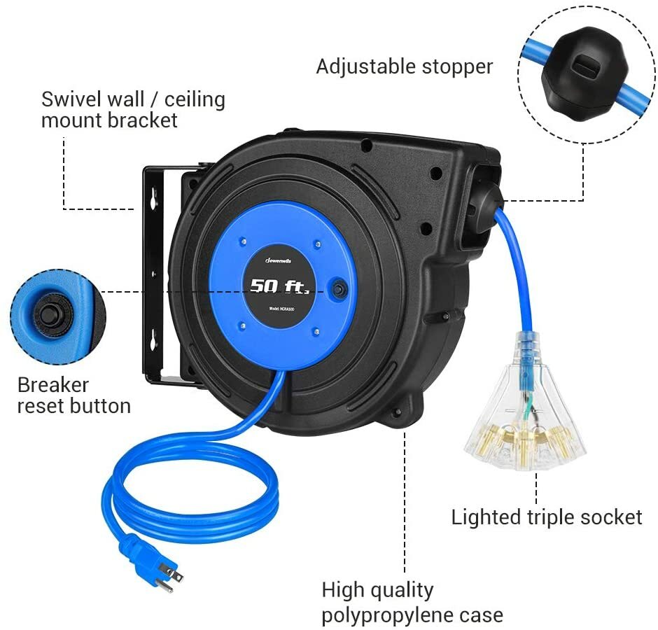 DEWENWILS Retractable Extension Cord Reel,50FT Electric Cord Reel 14AWG/3C SJTOW
