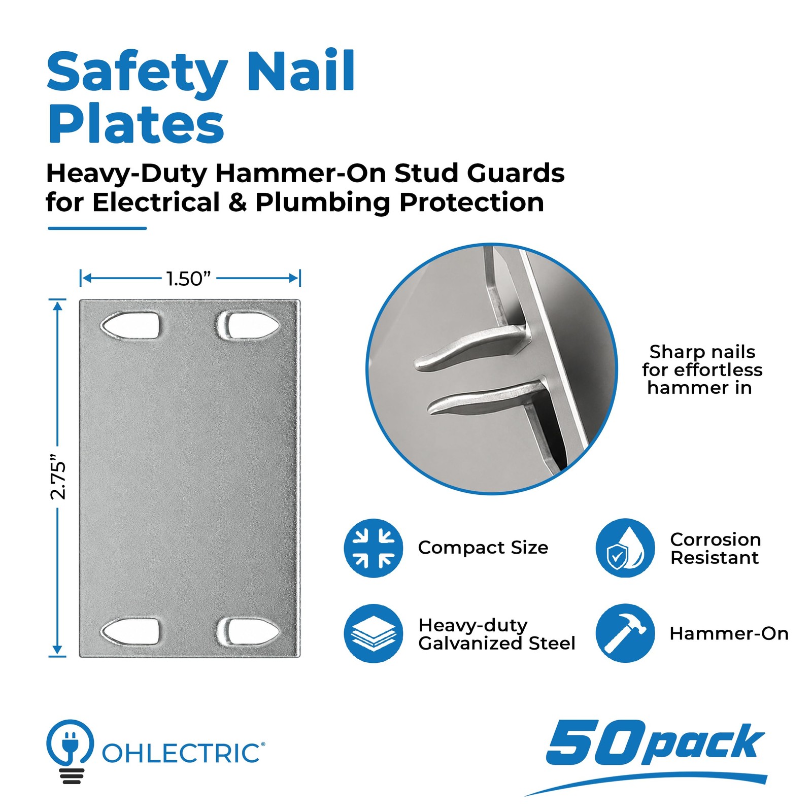OHLECTRIC Safety Nail Plates (50-Pack) 1.5″ x 2.75″ x 2.75″, Silver