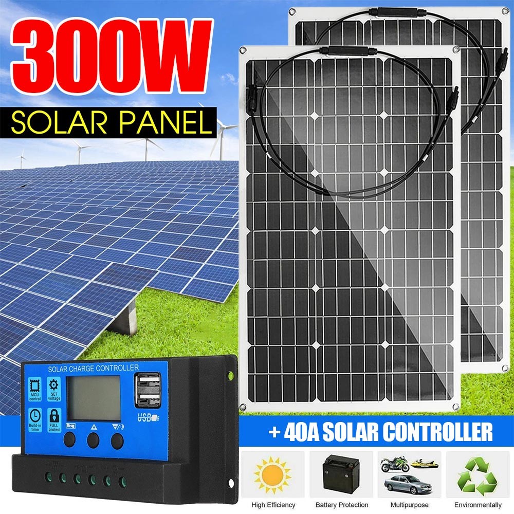 150-300W Portable Solar Panel Grade 23% High Efficiency Home RV Trips Boat 12V