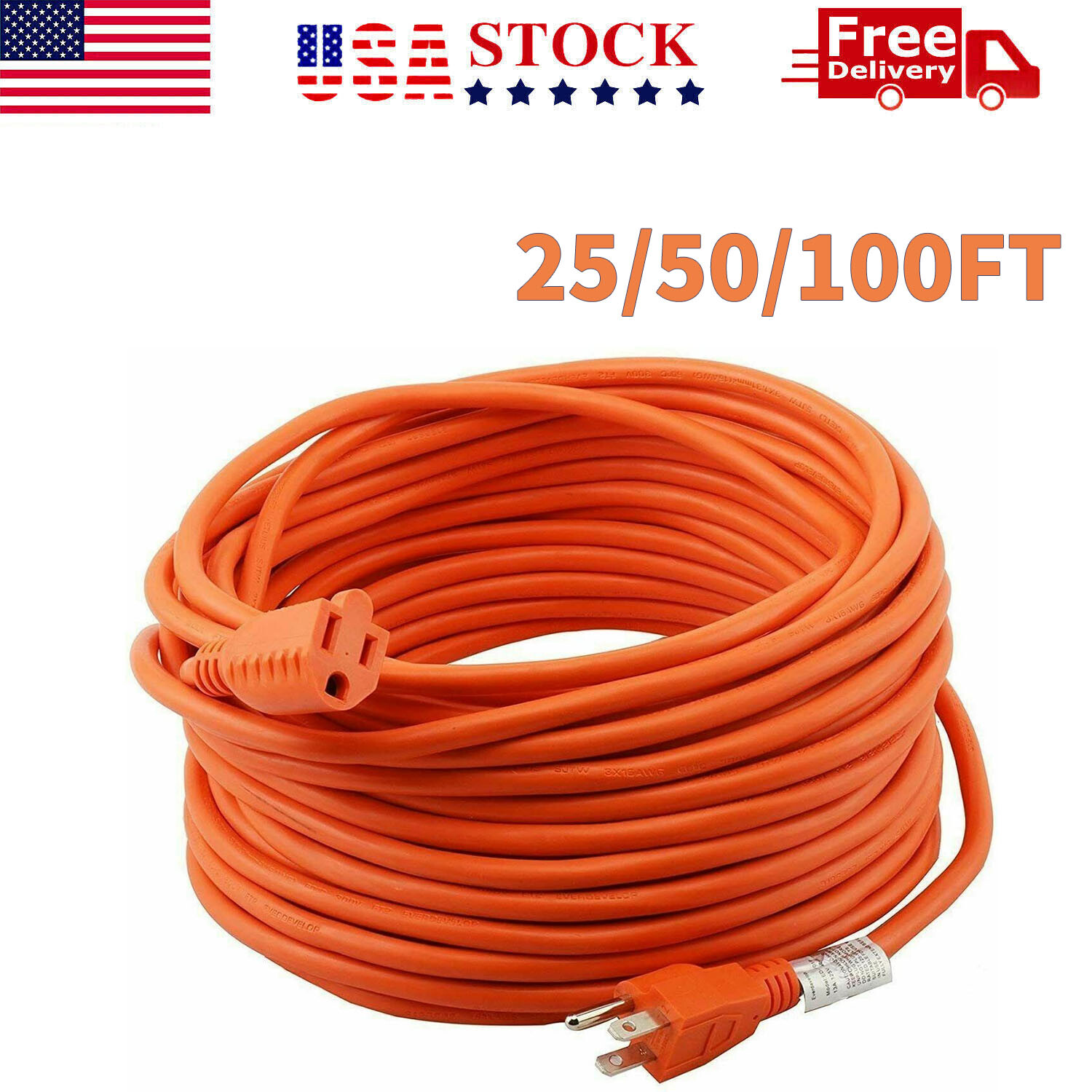 New Outdoor Extension Cord 16/3 Heavy Duty Power Cord 3 Wire STJW 6-100ft USA