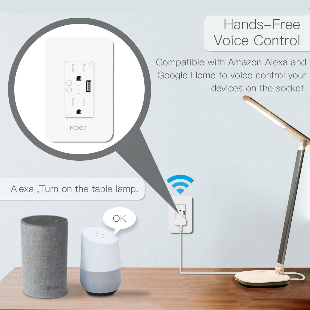 MOES WiFi Smart Outlet Wall Socket Divided Control 2 Plug 1 USB 15A Alexa Google