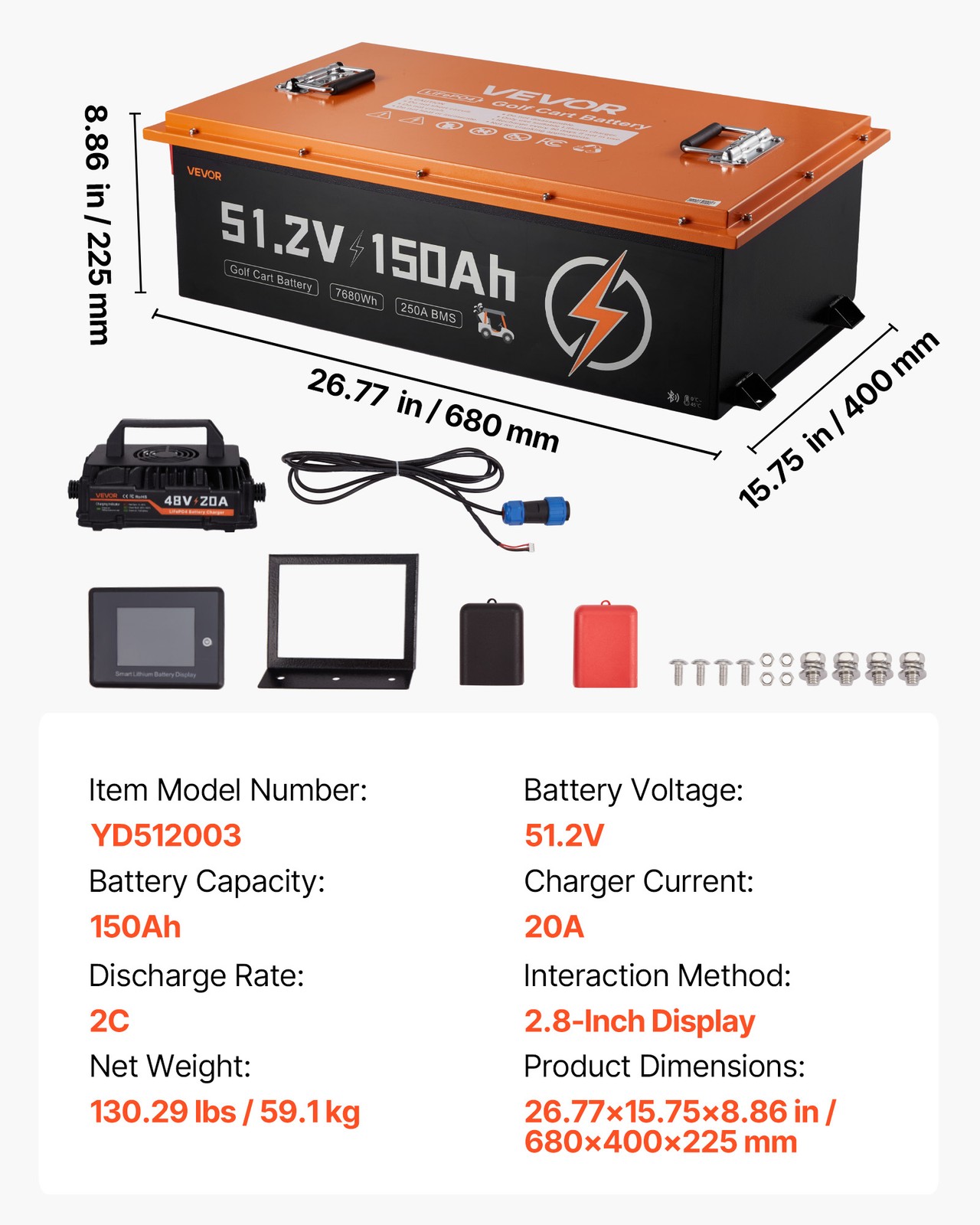 VEVOR 48V 150AH Lithium Golf Cart Battery Lifepo4 & 20A Charger Bluetooth Touch