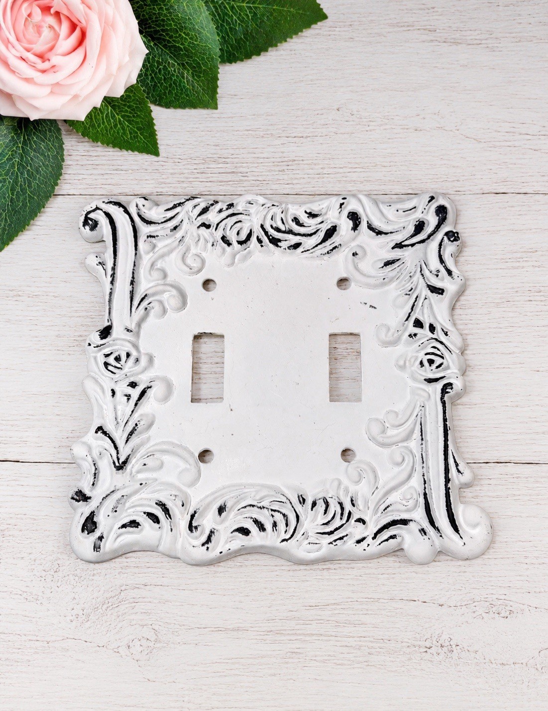 1 White Ornate Double Toggle Light Switch Wall Plate Cover Cast Iron Metal