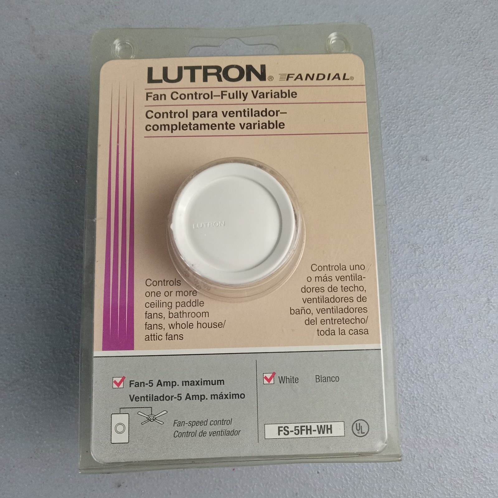 NOS LUTRON FS-5FH-WH Fandial Ceiling Fan Control Fully Variable NEW OLD STOCK