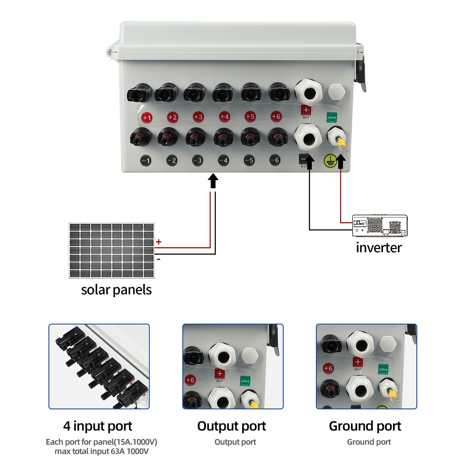6 String Solar PV Combiner Box 63A Circuit Breaker Junction Box for Solar Panels