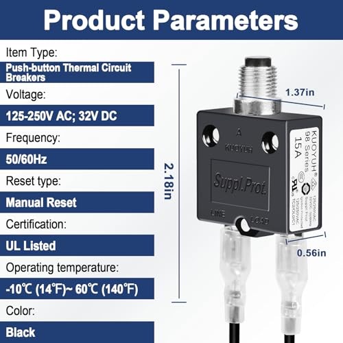 Push Button Circuit Breaker 15 Amp, Fuse Tester, Auto Trip, Manual Reset 15A