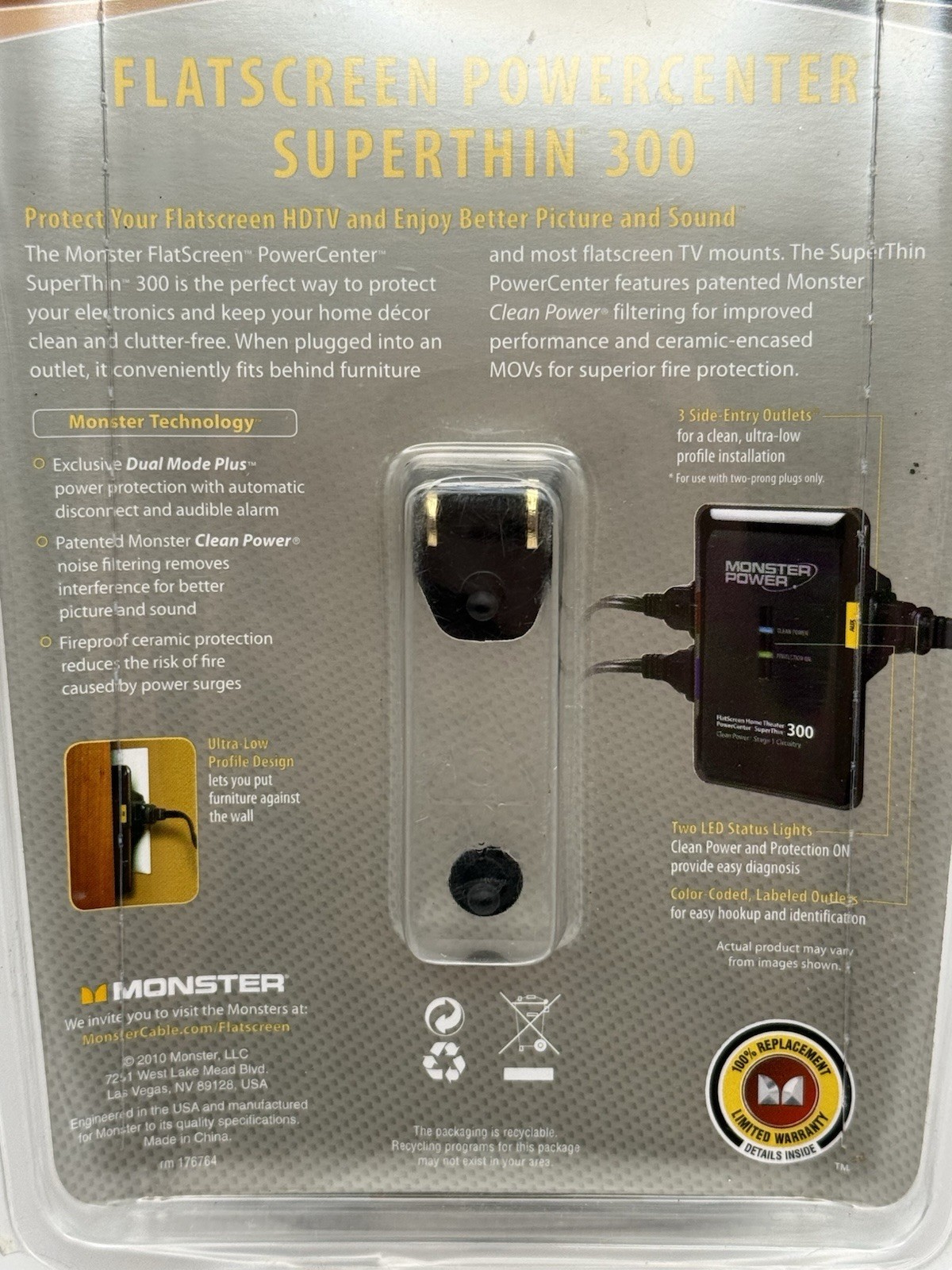 Monster SuperThin 300 Surge Protector 3 Outlets Ultra Low Profile 1080J