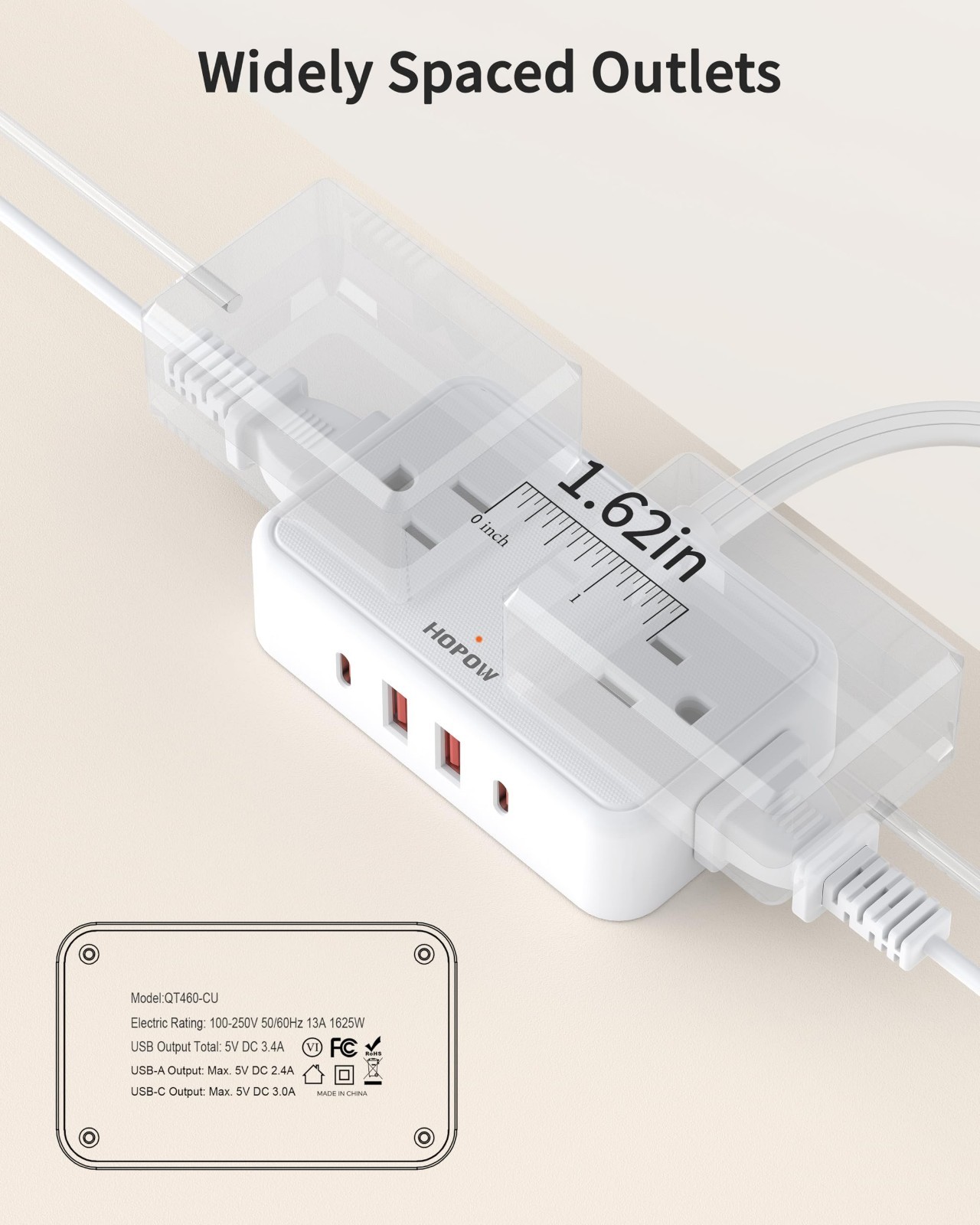 Short Extension Cord 0.5FT, Flat Plug Power Strip with 4 Outlets & 4 USB Ports,