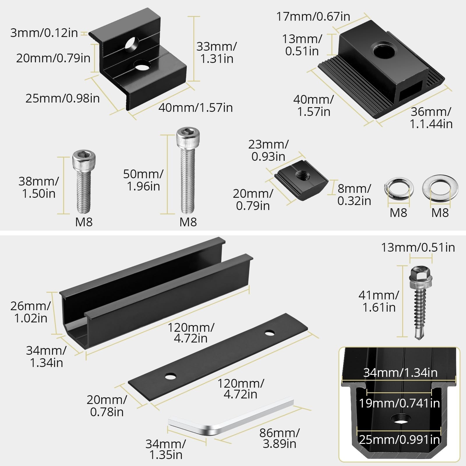 Anbte Solar Panel Mounting Brackets, 4.72″ Rails + 1.38″& 1.18″ clamps, Black