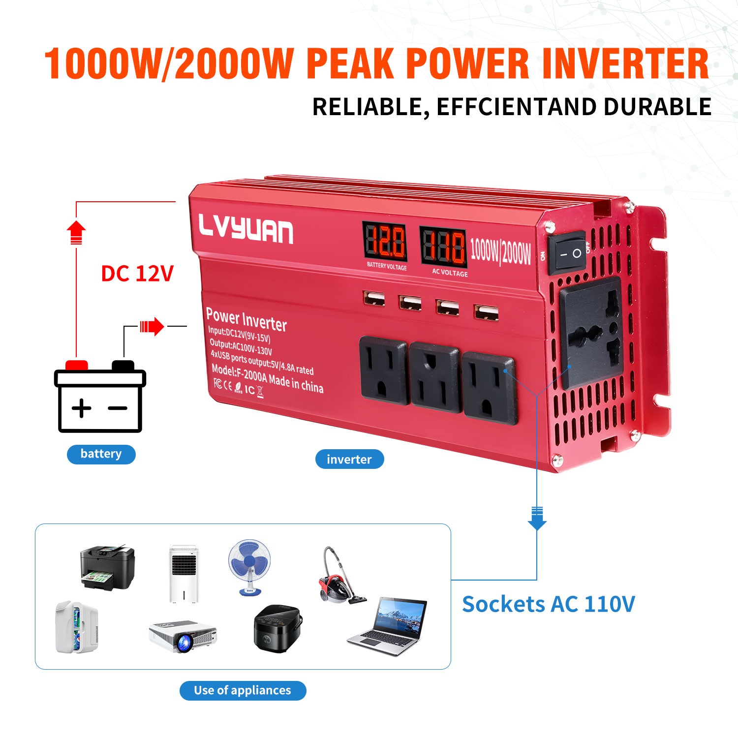 1000W 2000W Peak Car Power Inverter 12V DC to 110V AC Converter with LCD & 4 USB