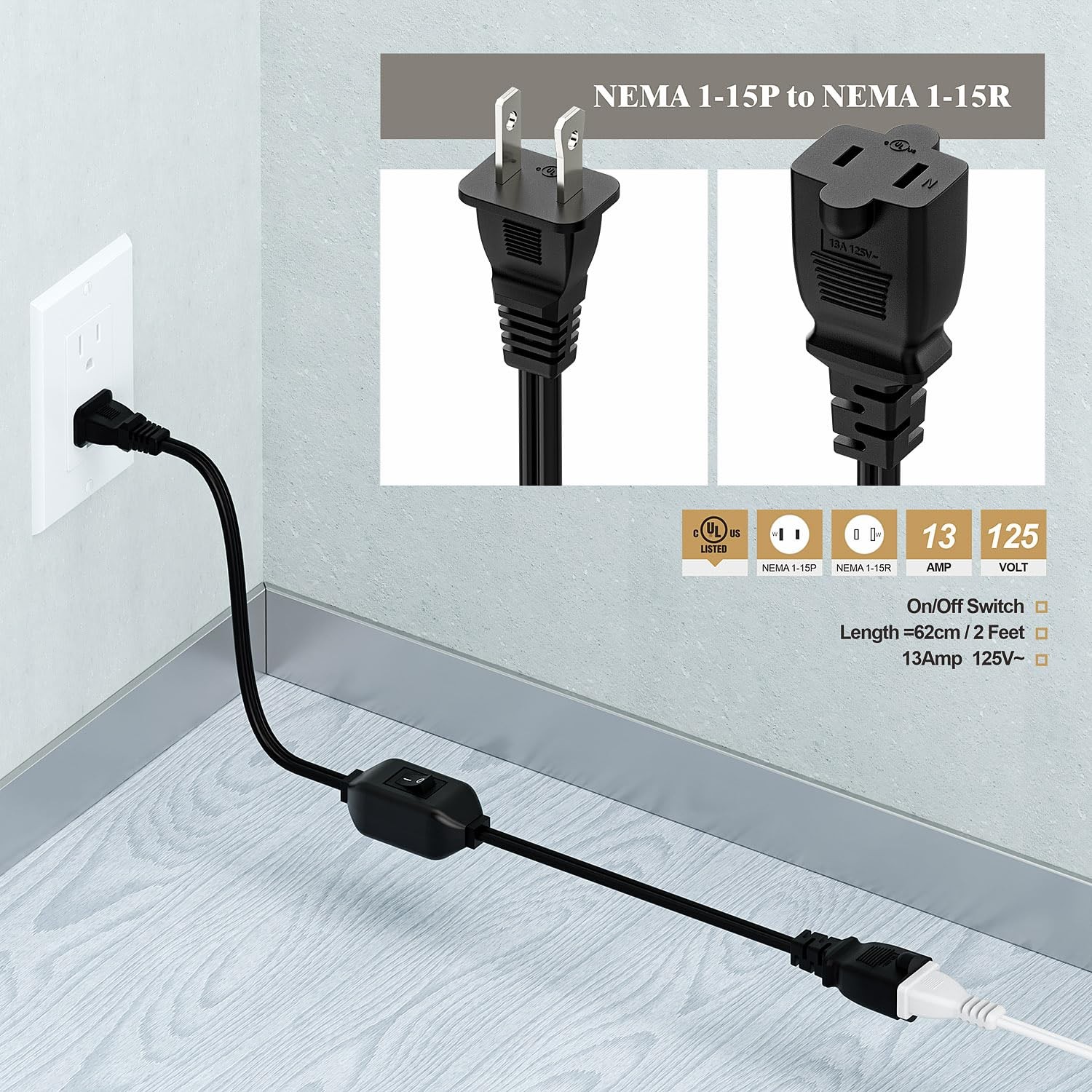 0.6m 2-Prong Extension Cord with Switch, 2 Outlets, 16AWG, 12A/125V