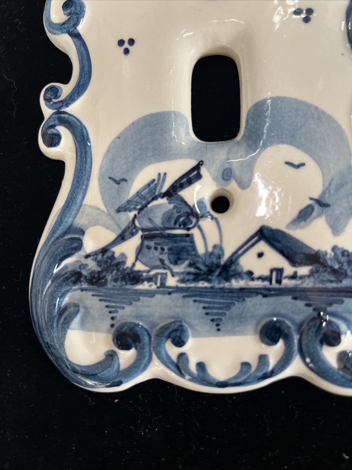 Handpainted Delft Blue Light Switch Plate Cover 6 x 4.25 Scalloped Edge Windmill