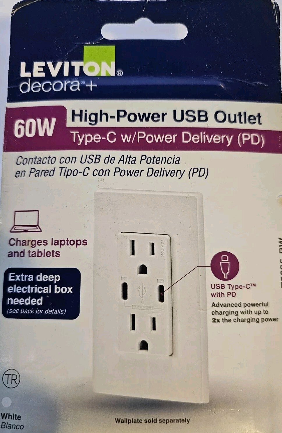 Leviton Decora 15 Amp Tamper Resistant Duplex Outlet with 60W USB-C Power Delive
