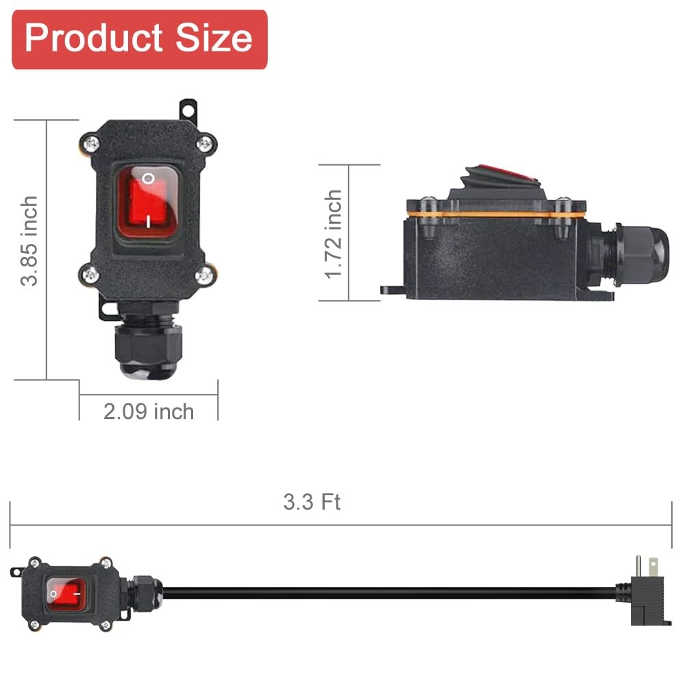 Inline Cord Switch with 3.3FT 14AWG Cable Piggyback Plug(3-Pronged), IP67 Wat…