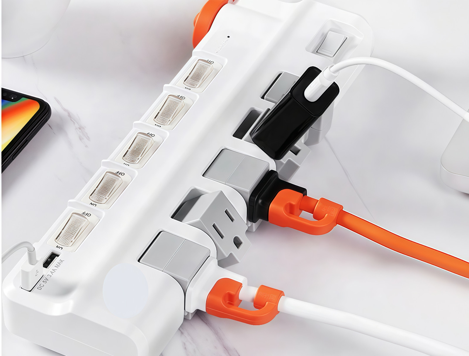 6ft Power Strip 2 USB 5 Outlet 90° Swivel Rotate Socket Individual Switch Surge