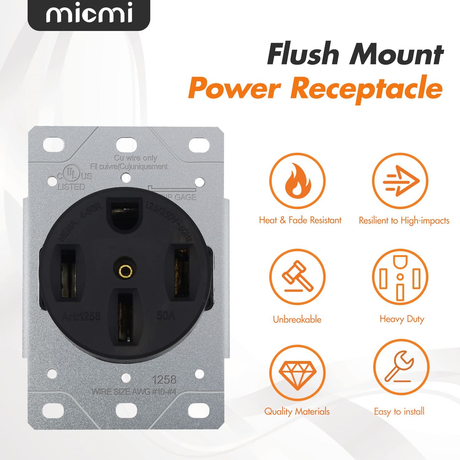 NEMA 14-50R Receptacle 50 Amp Flush Mounting Outlet，3 Pole, 4 Wire 125/250V
