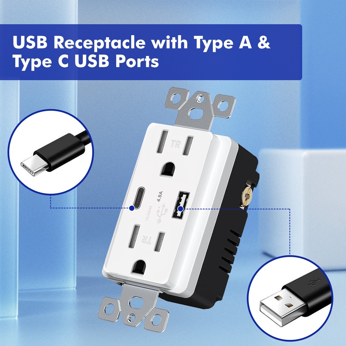 USB Type C Wall Outlet Duplex Receptacle 15A, Smart 4.8A Quick Charging, 10pack