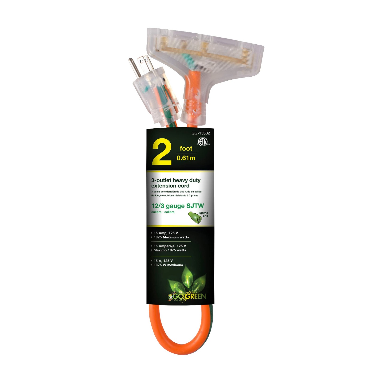GoGreen Power GG15302 12/3 2ft Heavy Duty 3Outlet Extension Cord Lighted