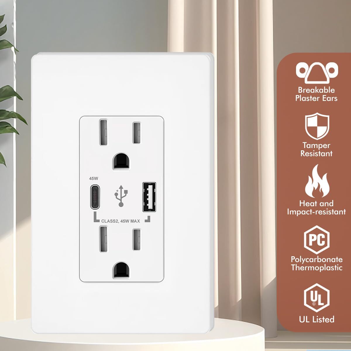 45W USB C Outlet PD,Power Delivery Decora Receptacle,15Amp Tamper Resistant,4.8A
