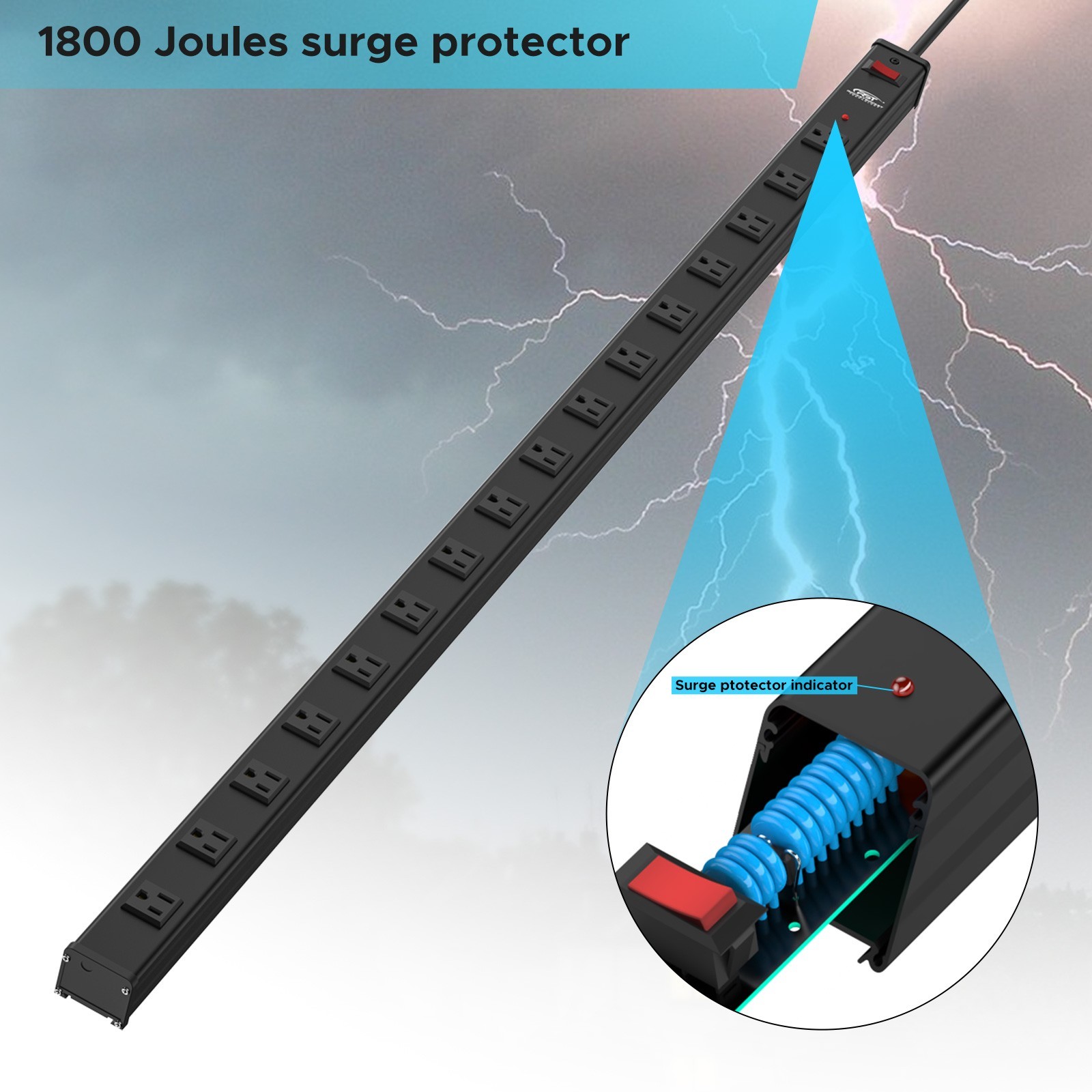 16-Outlet 15Amps 1875W Metal Power Strip with 15ft Long Extension Power Cord
