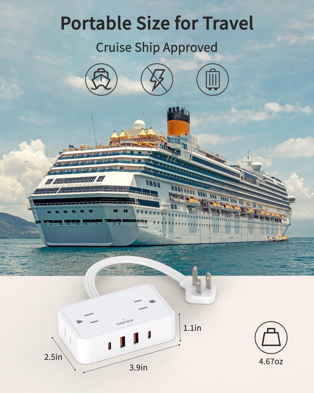 Short Extension Cord 0.5FT, Flat Plug Power Strip with 4 Outlets & 4 USB Ports,