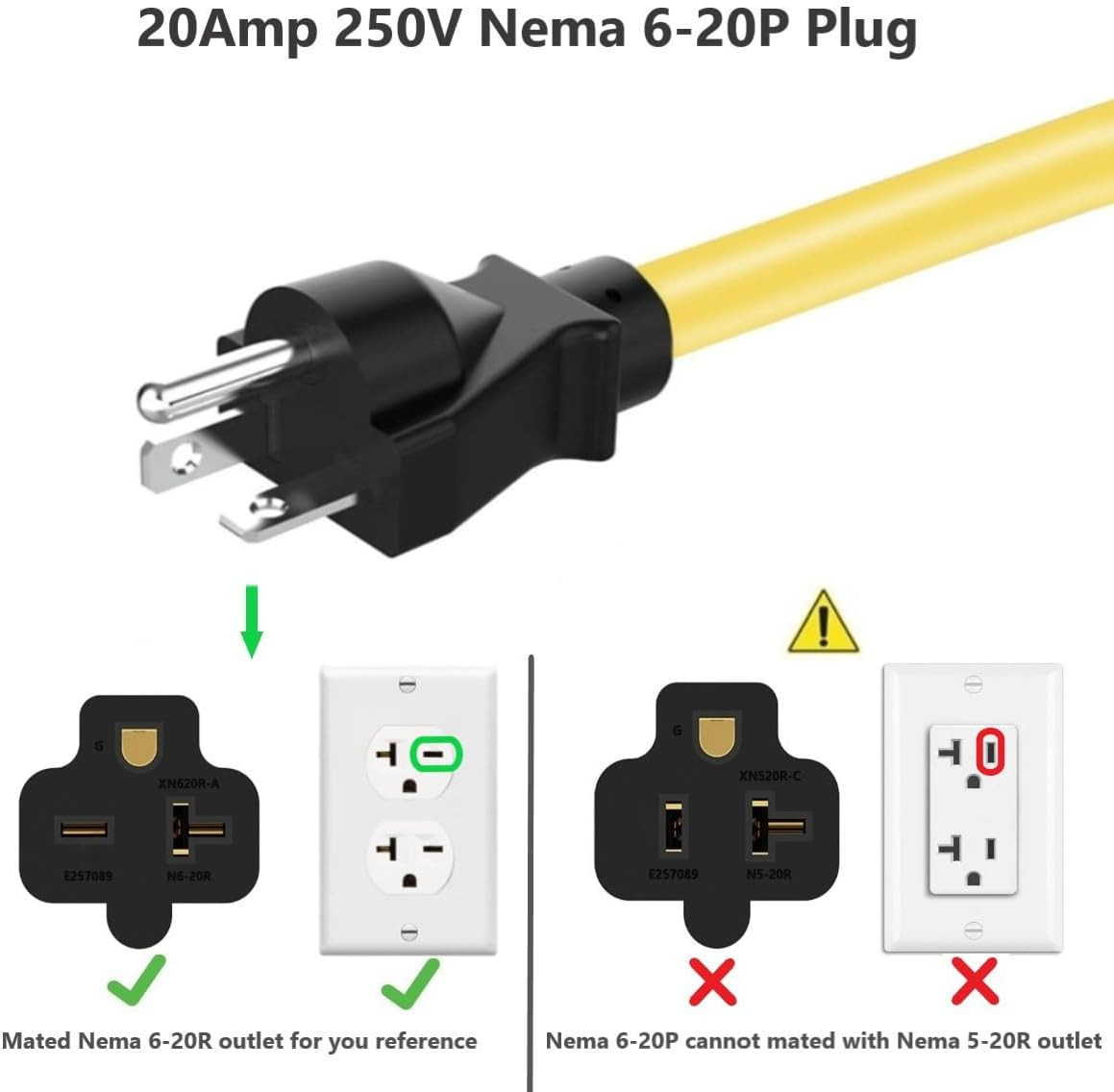 15-Ft Nema 6-20P Extension Cord 20-Amp 250 Volt Nema 6-20 Extension Cable 12AWG,