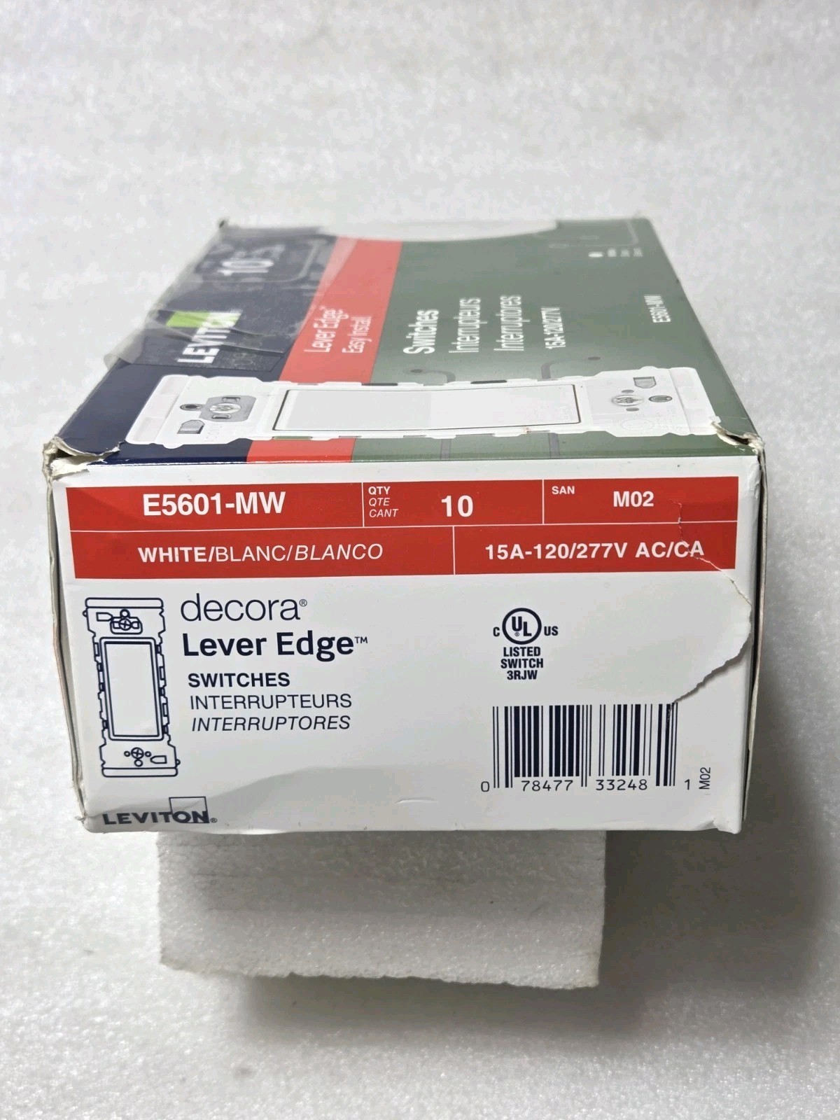 10 Pack Leviton E5601-MW White Decora Edge 15 amps Single Pole Rocker Switch