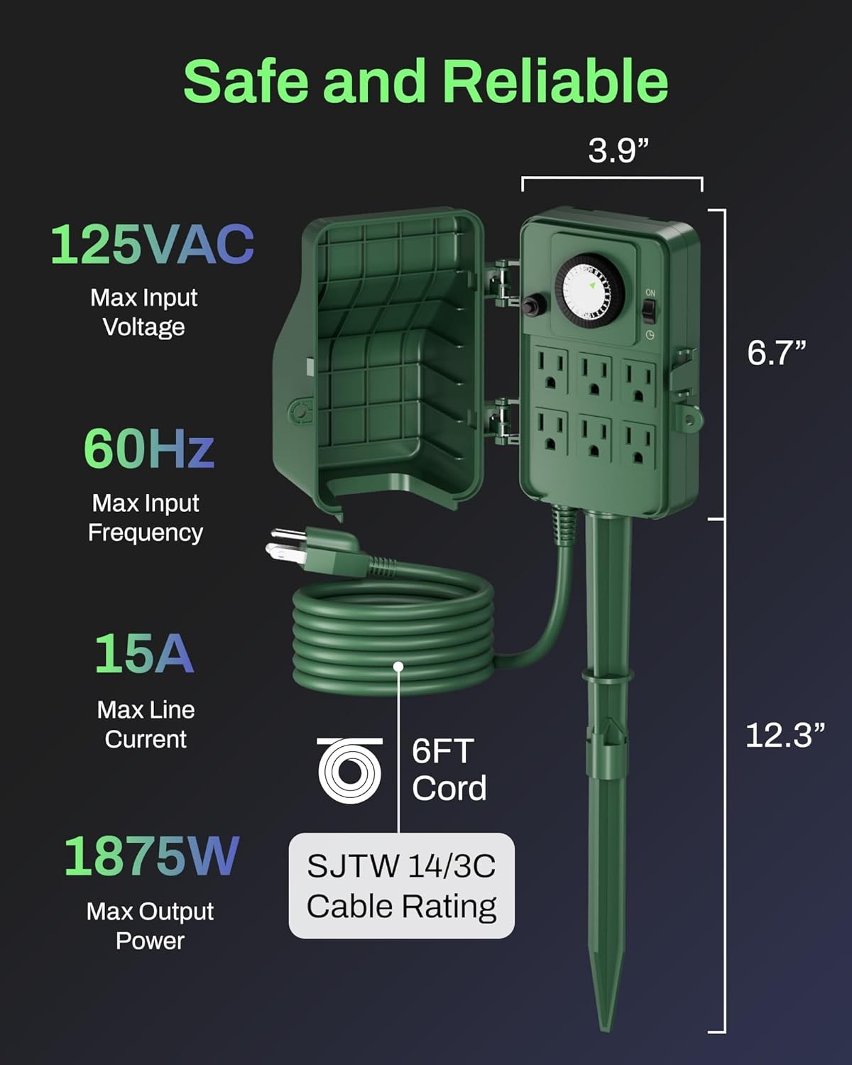 BN-LINK 24 Hour Outdoor Mechanical Timer 6 Outlets Garden Power Stake Waterproof