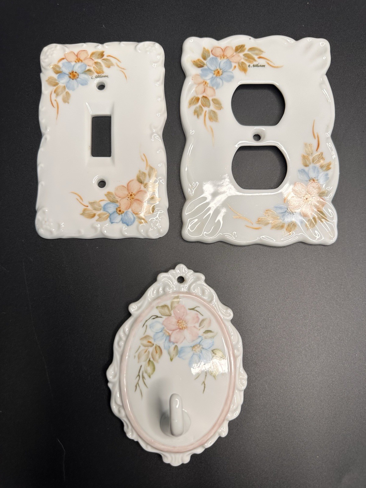 Vintage Hand-Painted Porcelain Floral Set Switch Outlet Plate Signed Dainty