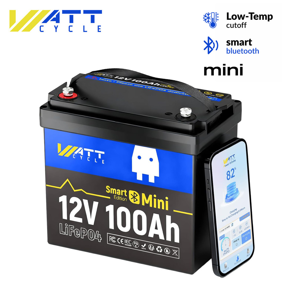 WattCycle 12V 100Ah LiFePO4 Lithium Mini Battery for RV Camping Marine Off-Grid