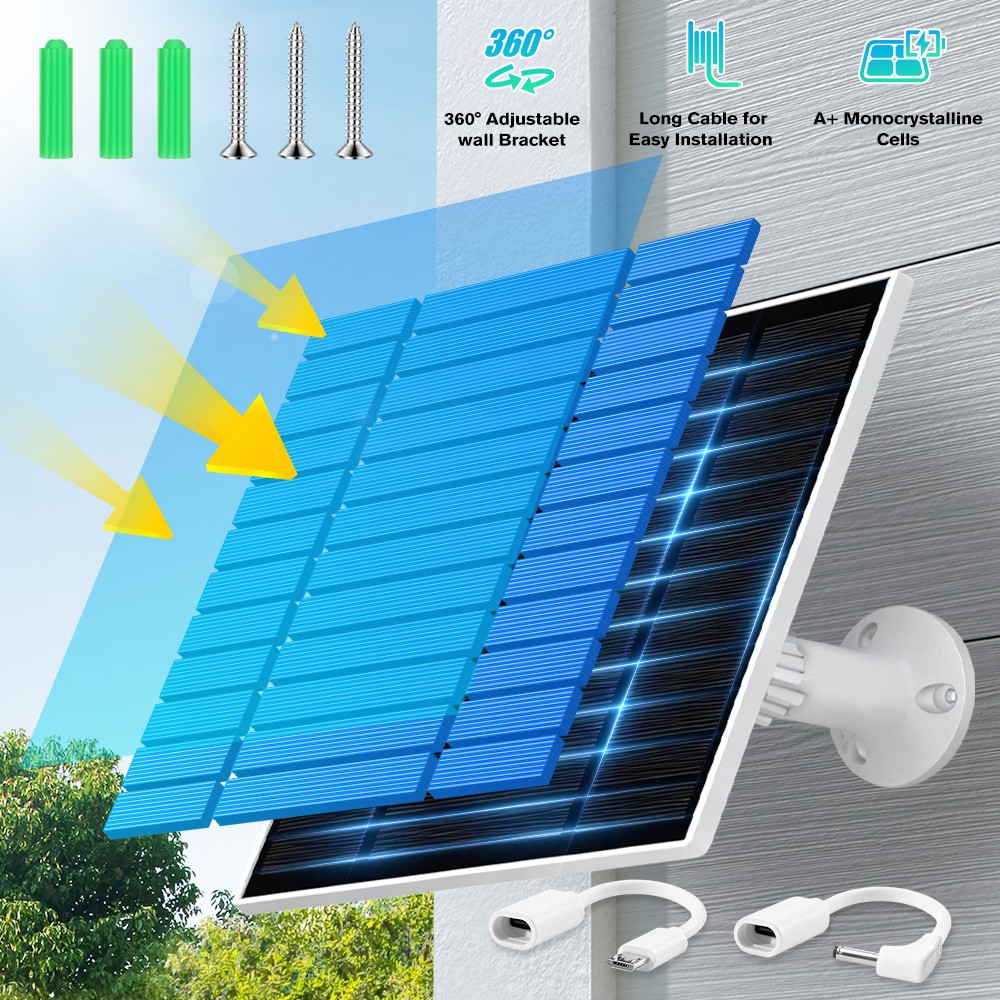 Solar Panel for Security Camera, 10W Solar Charger with Micro USB & Type-C Port